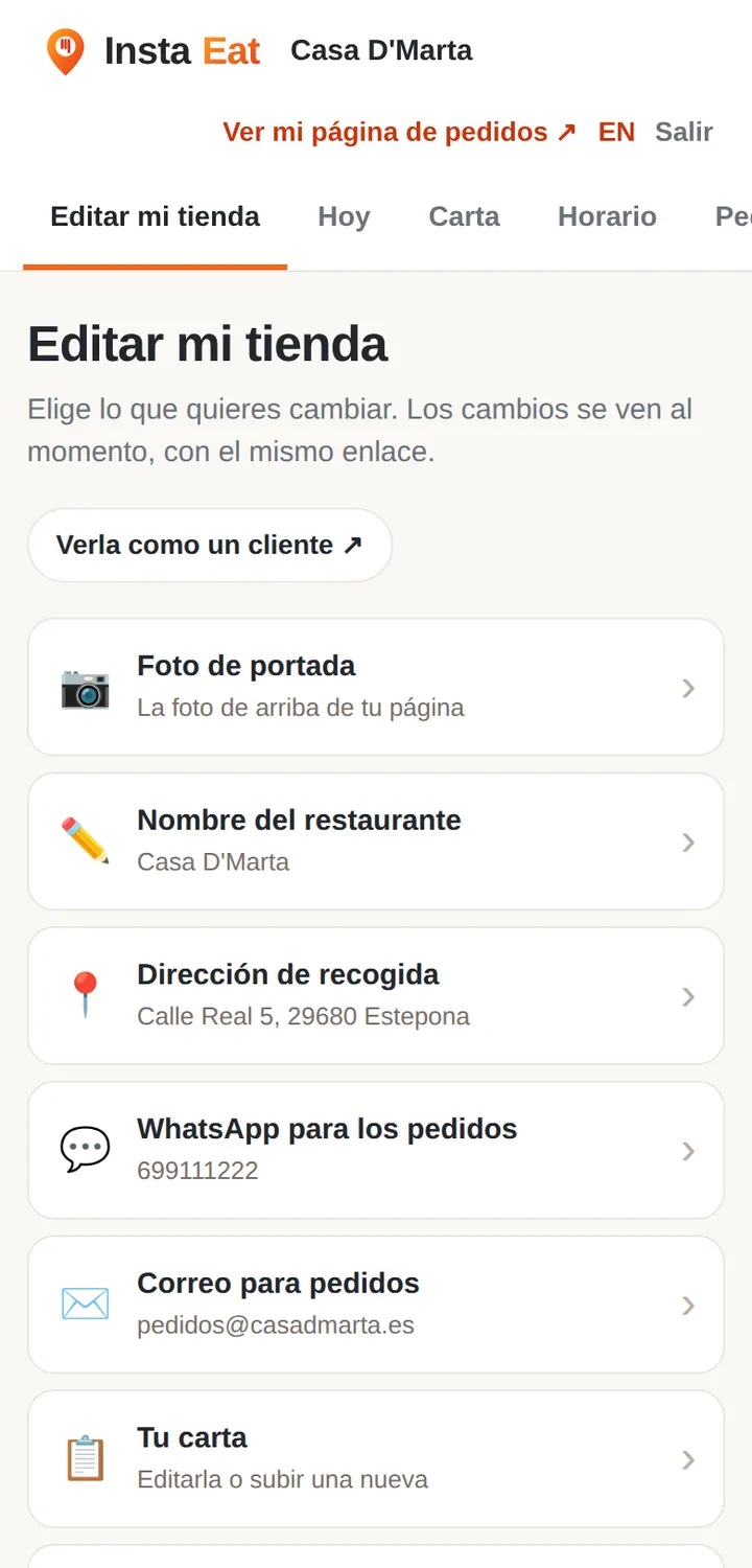 El panel de GogoEat en un móvil: Editar mi tienda